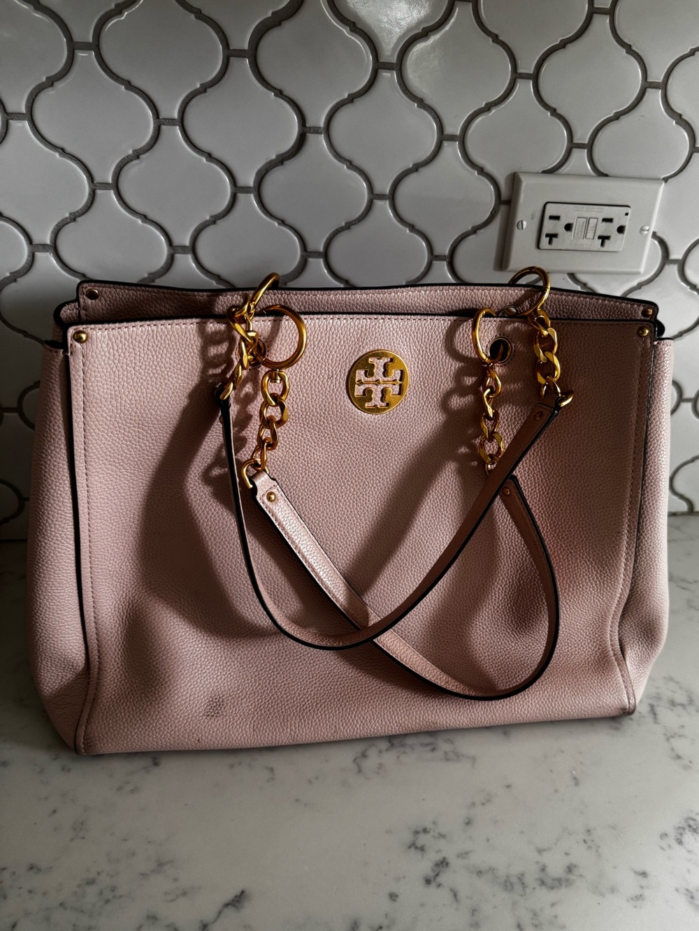 Tory Burch Blush Pink Chain-Strap Pebbled Leather Tote